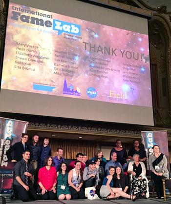 KICP fellow Dan Scolnic (center) and graduate student Ross Cawthon (back row 3<sup>rd</sup> from left) were victorious in the Famelab Regional Heat #5 held in Chicago.
